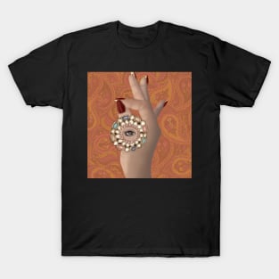 Desi Indian hand with beautiful colourful mirror arsi and eye with background T-Shirt